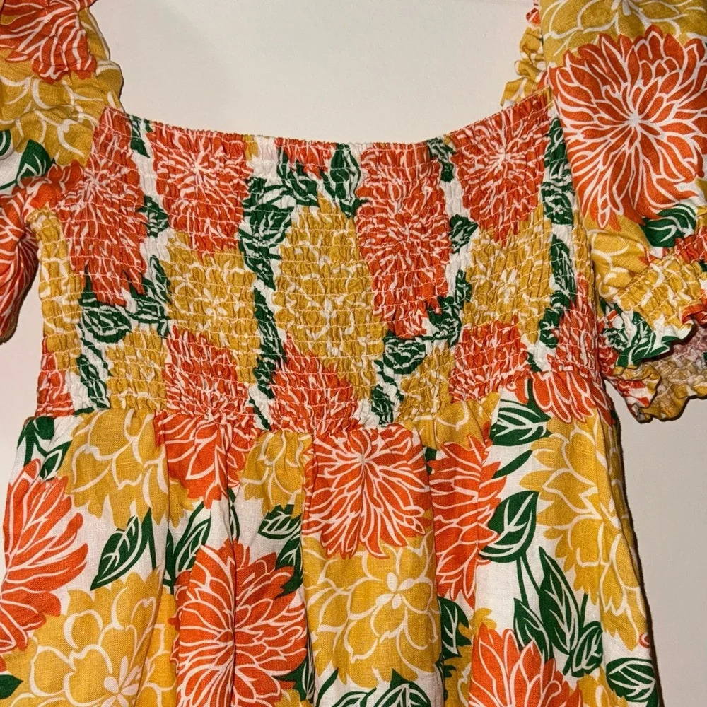 HOUSE OF HARLOW 1960 LINEN FLORAL SUNDRESS SIZE MEDIUM YELLOW ORANGE MINI poplin - Picture 2 of 6